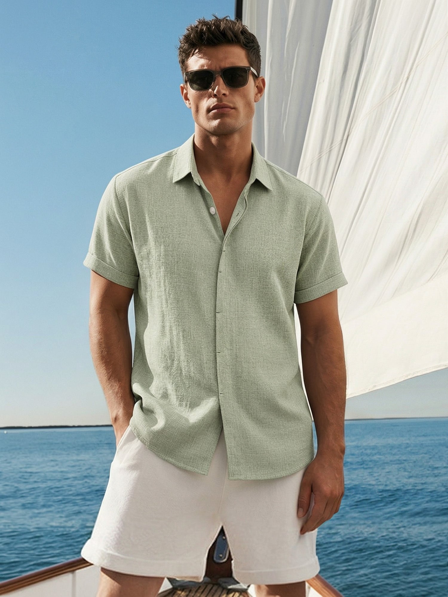 RICHCOIN Men's Linen Shirts Short Sleeve Casual Shirts Button Down Shirt for Men Summer Beach Wedding Dress Shirt