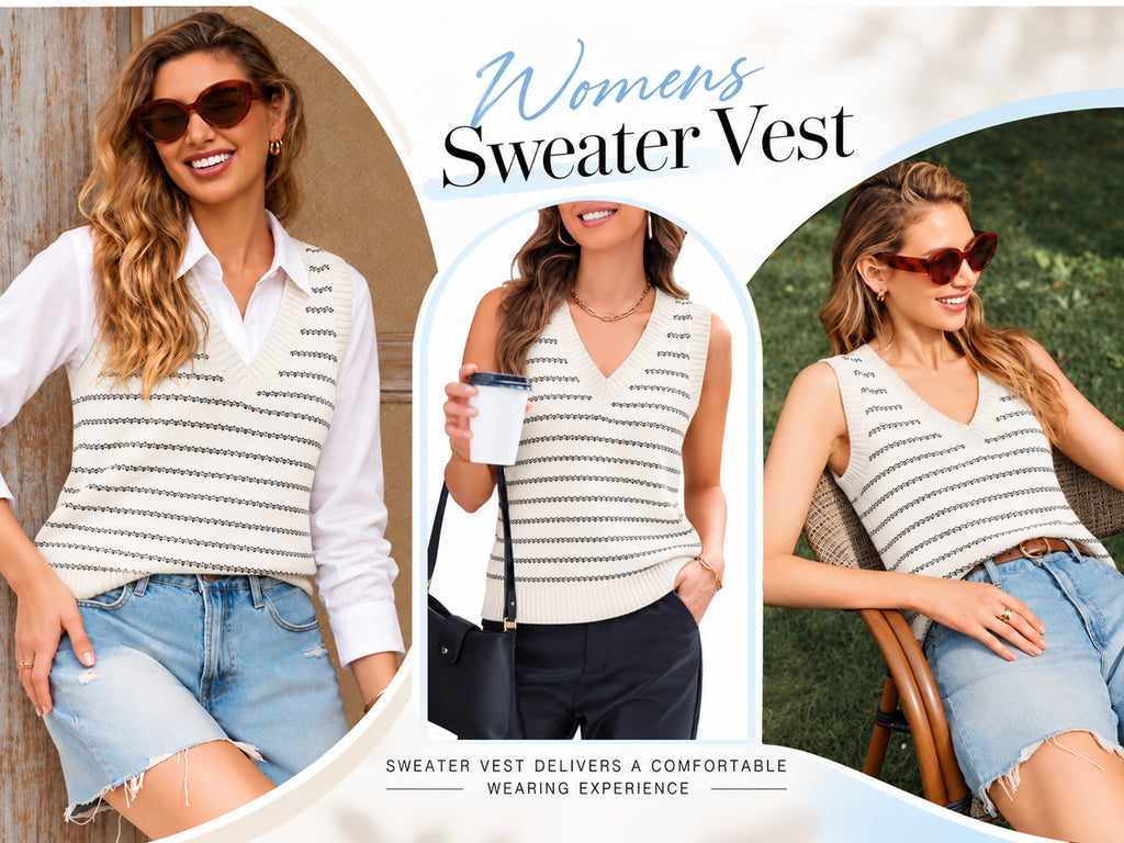 MOYIKO Sleeveless Sweater Vest for Women V Neck Striped Knit Tank Tops Casual Cute Clothes