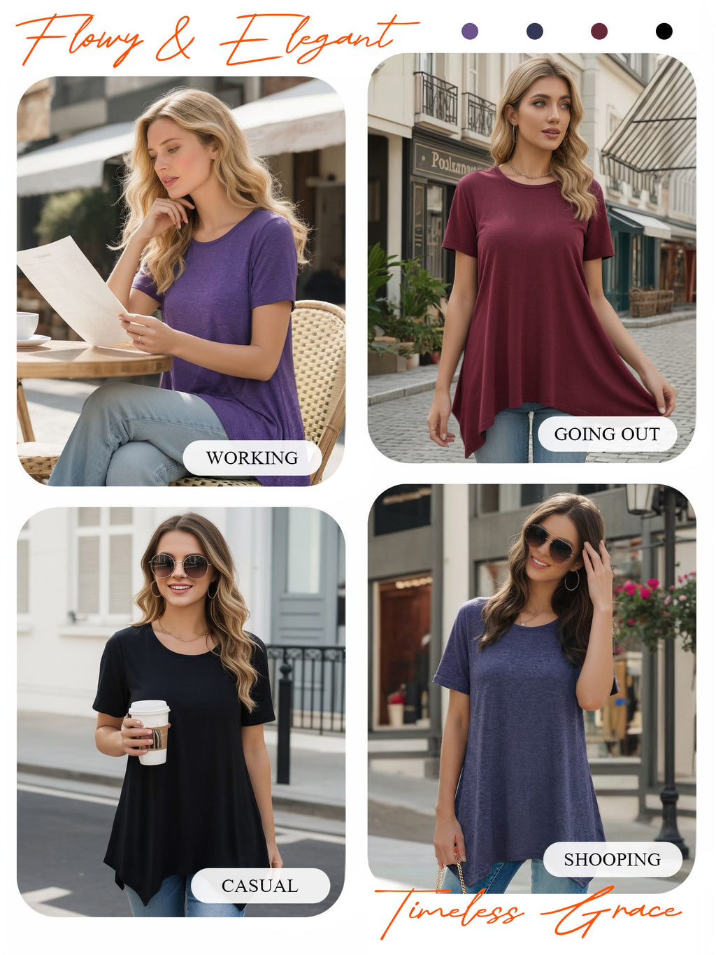 MOYIKO Women's Short Sleeve Swing T-Shirt Flowy Asymmetrical Hem Tee Loose Fit Casual Tops