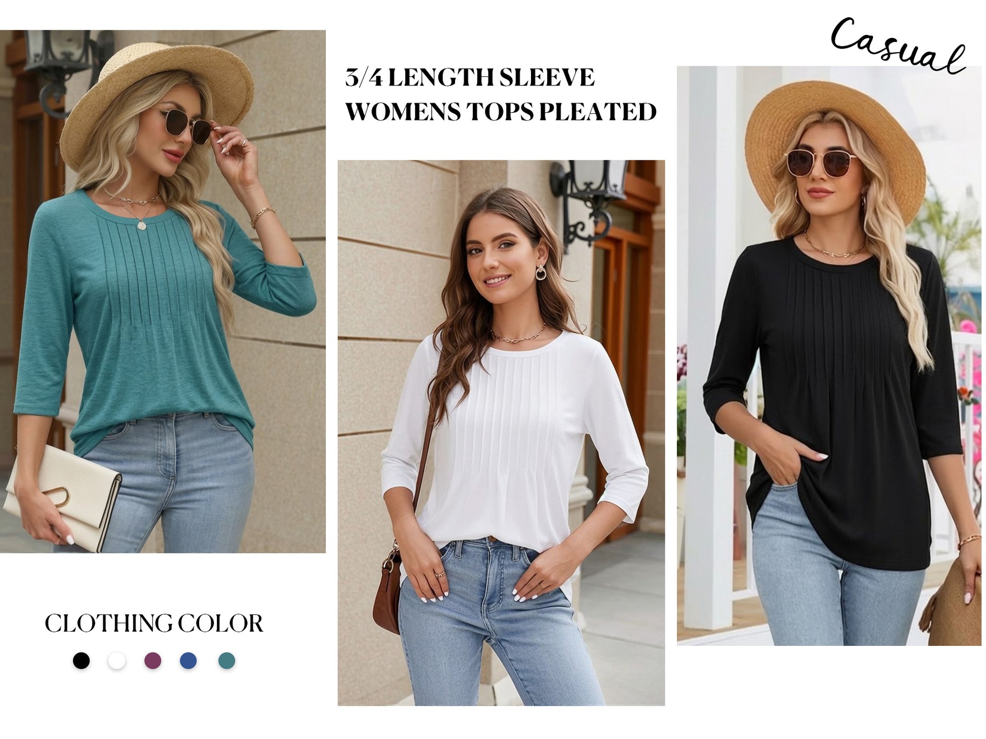 MOYIKO 3/4 Length Sleeve Womens Tops Round Neck T Shirts Pleated Tunic Summer Blouses Dressy Casual