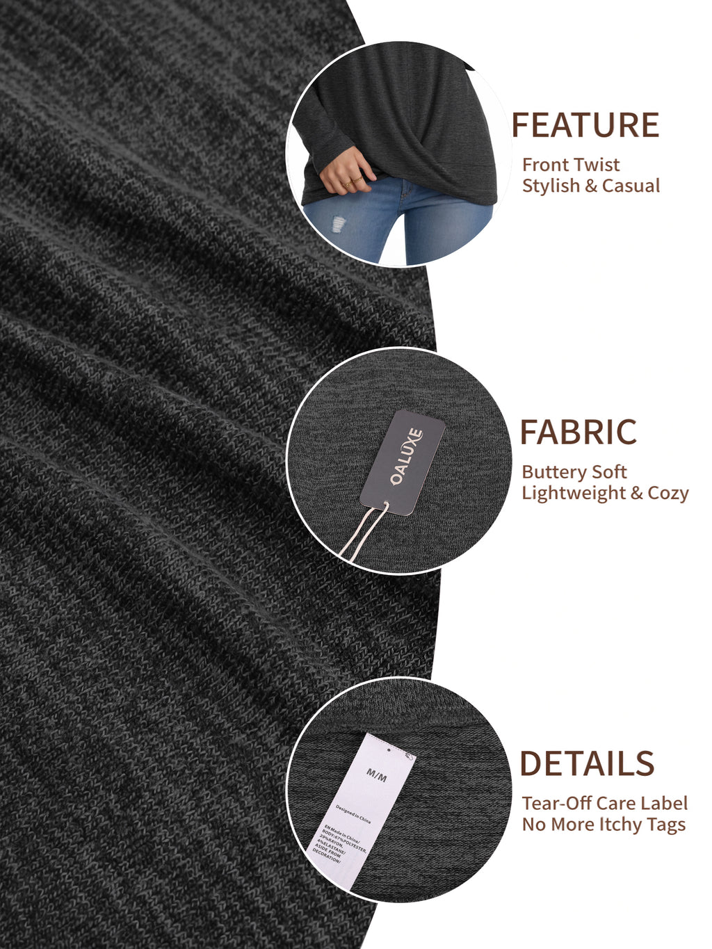 OALUXE Long Sleeve Shirts for Women Dressy Casual Tunic Tops Crewneck Front Twist Blouses