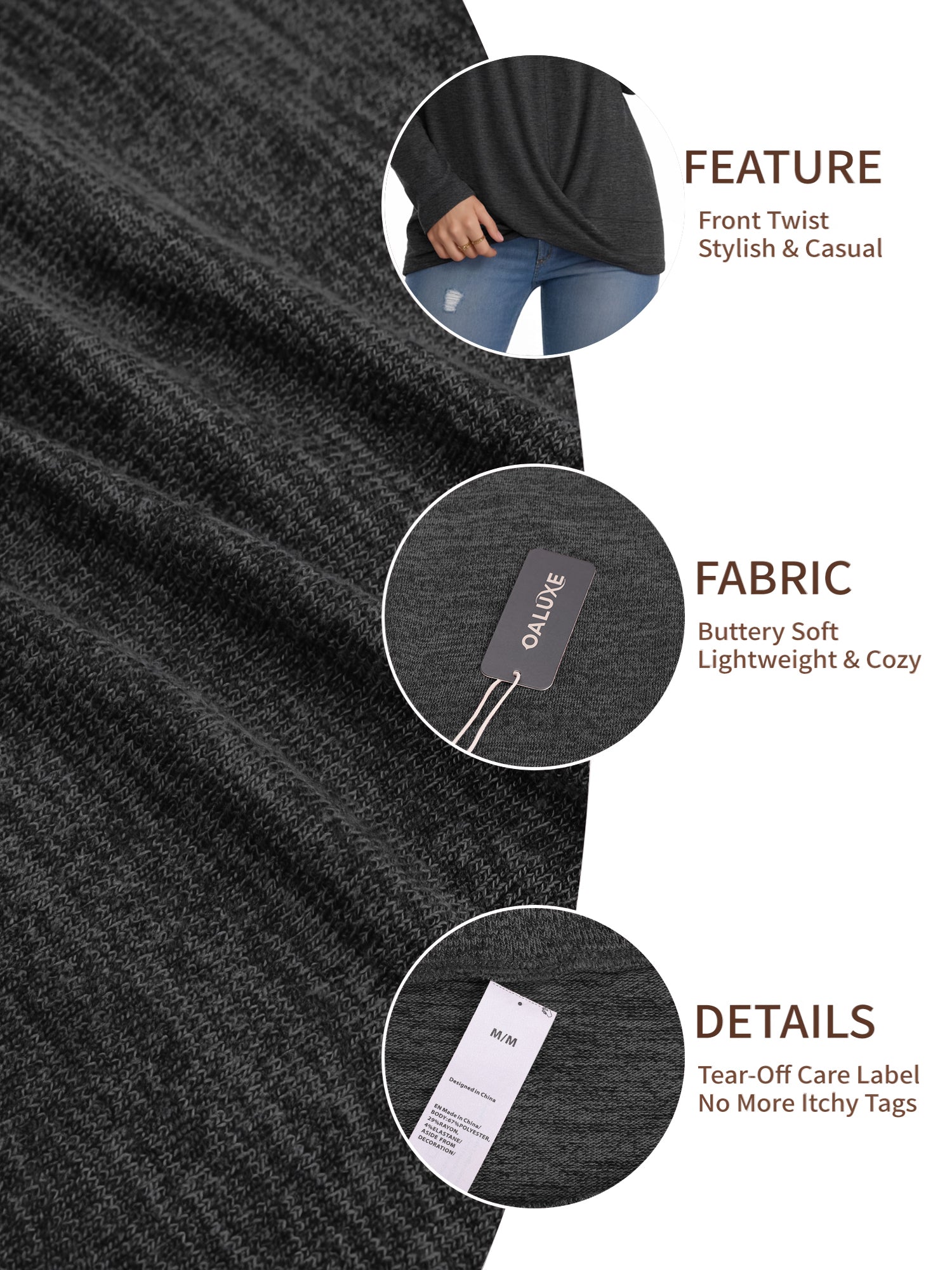 OALUXE Long Sleeve Shirts for Women Dressy Casual Tunic Tops Crewneck Front Twist Blouses