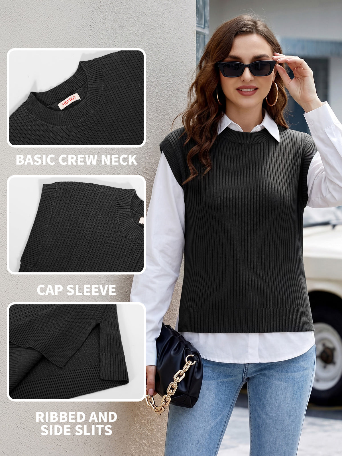 MOYIKO Sweater Vest Women Crew Neck Cap Sleeve Ribbed Knit Layering Tank Tops Side Slit Fall Winter Casual Going Out