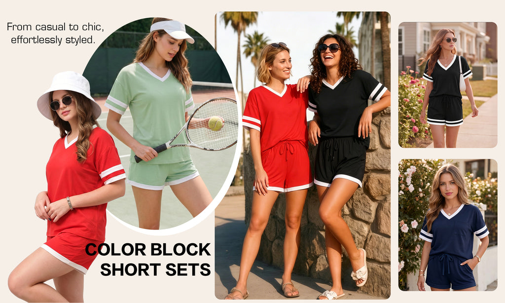 MOYIKO Women 2 Piece Short Sets V Neck Color Block Matching Lounge Sets Casual Summer Sweatsuit with Pocket