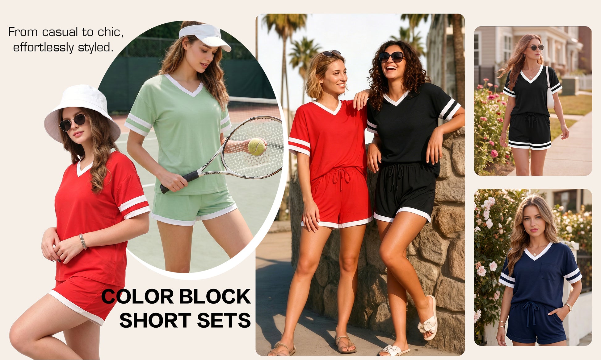 MOYIKO Women 2 Piece Short Sets V Neck Color Block Matching Lounge Sets Casual Summer Sweatsuit with Pocket