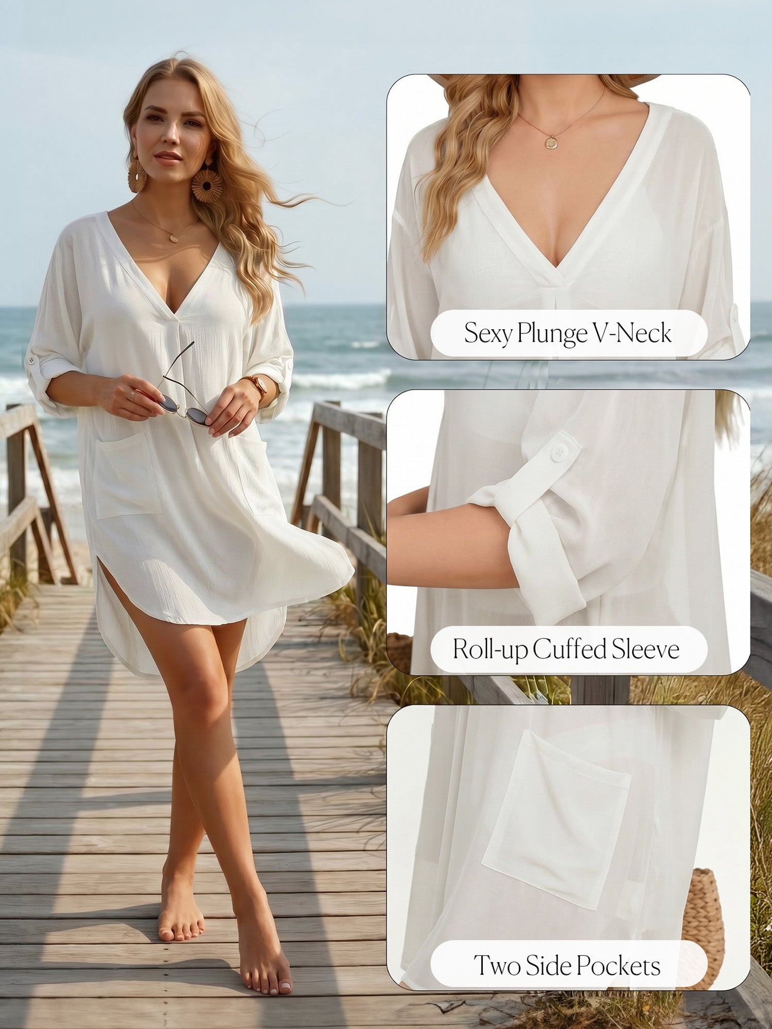 MOYIKO Women Swimsuit Cover up Shirt V Neck long 3/4 sleeve Bathing Suit Cover Summer Beachwear Sun Protection Blouse