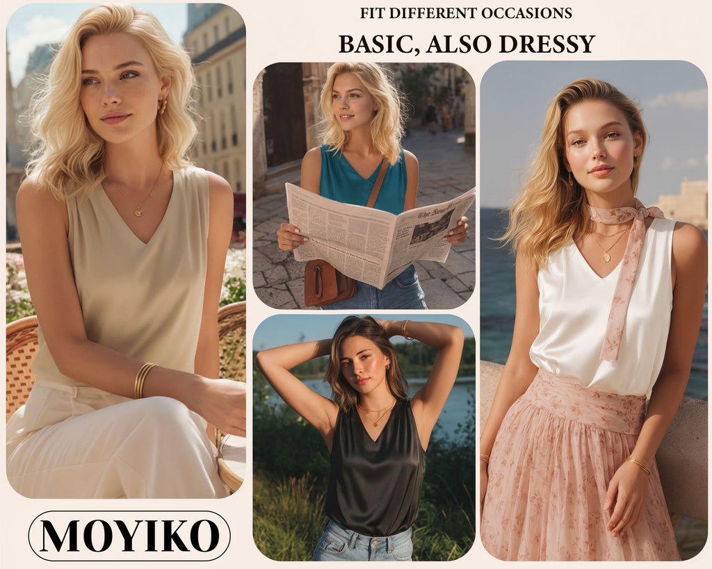 MOYIKO Tank Tops for Women Silk Satin V Neck Trendy Sleeveless Tops Dressy Casual Flowy Summer Shirts Loose Fit