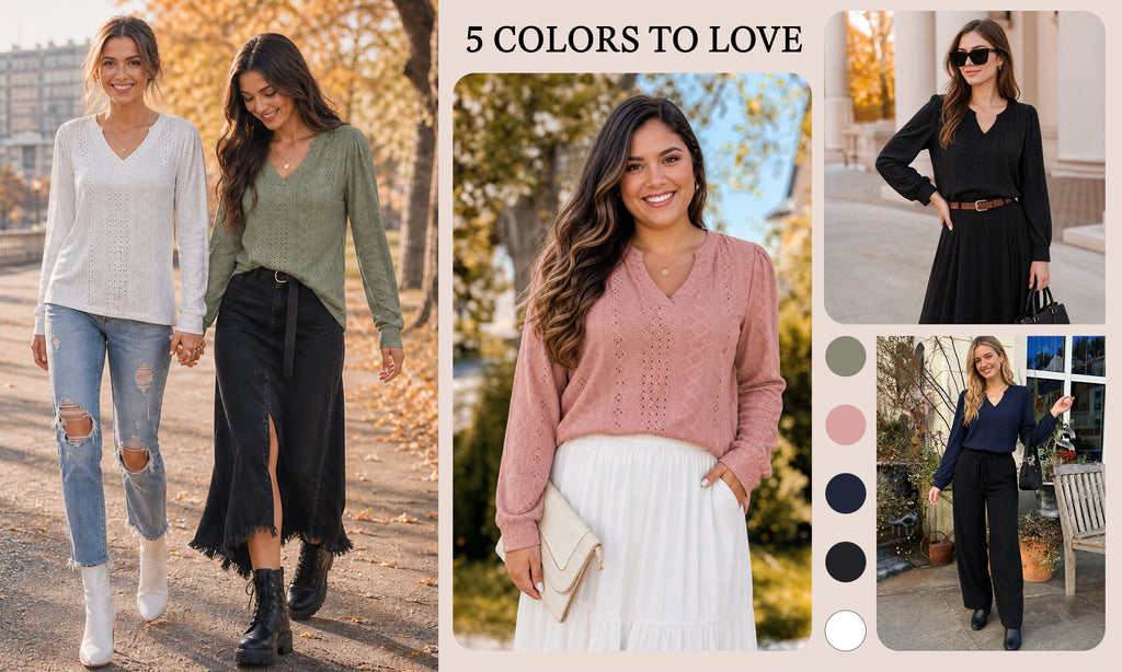 MOYIKO Eyelet Blouses for Women Dressy Casual Long Sleeve V Neck Fall Trendy Work Daily Wear Tops