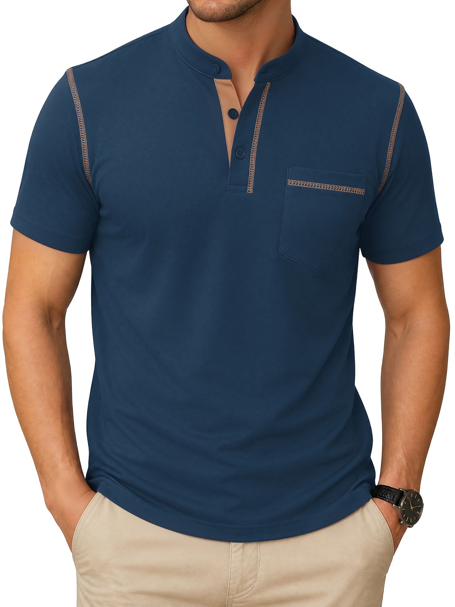 RICHCOIN Henley Men Shirts Short Sleeve T Shirts for Men Summer Tops Classic Pocket Button Casual Color Block Blue Tees