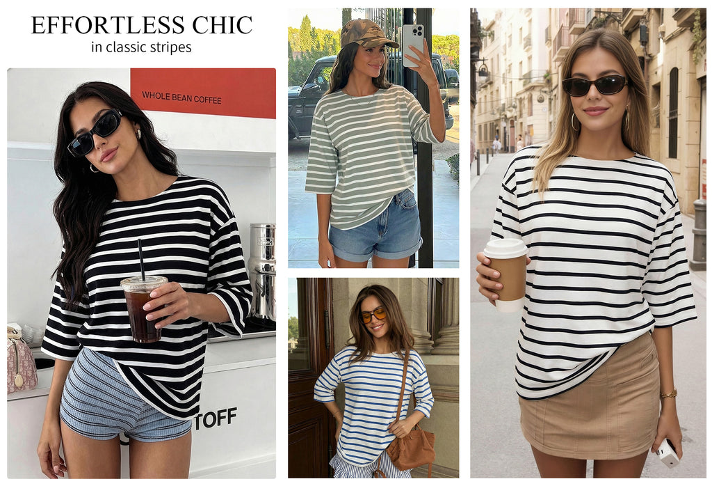 MOYIKO Striped T Shirts for Women 3/4 Length Sleeve Crewneck Casual Loose Fit Tees Summer Tops