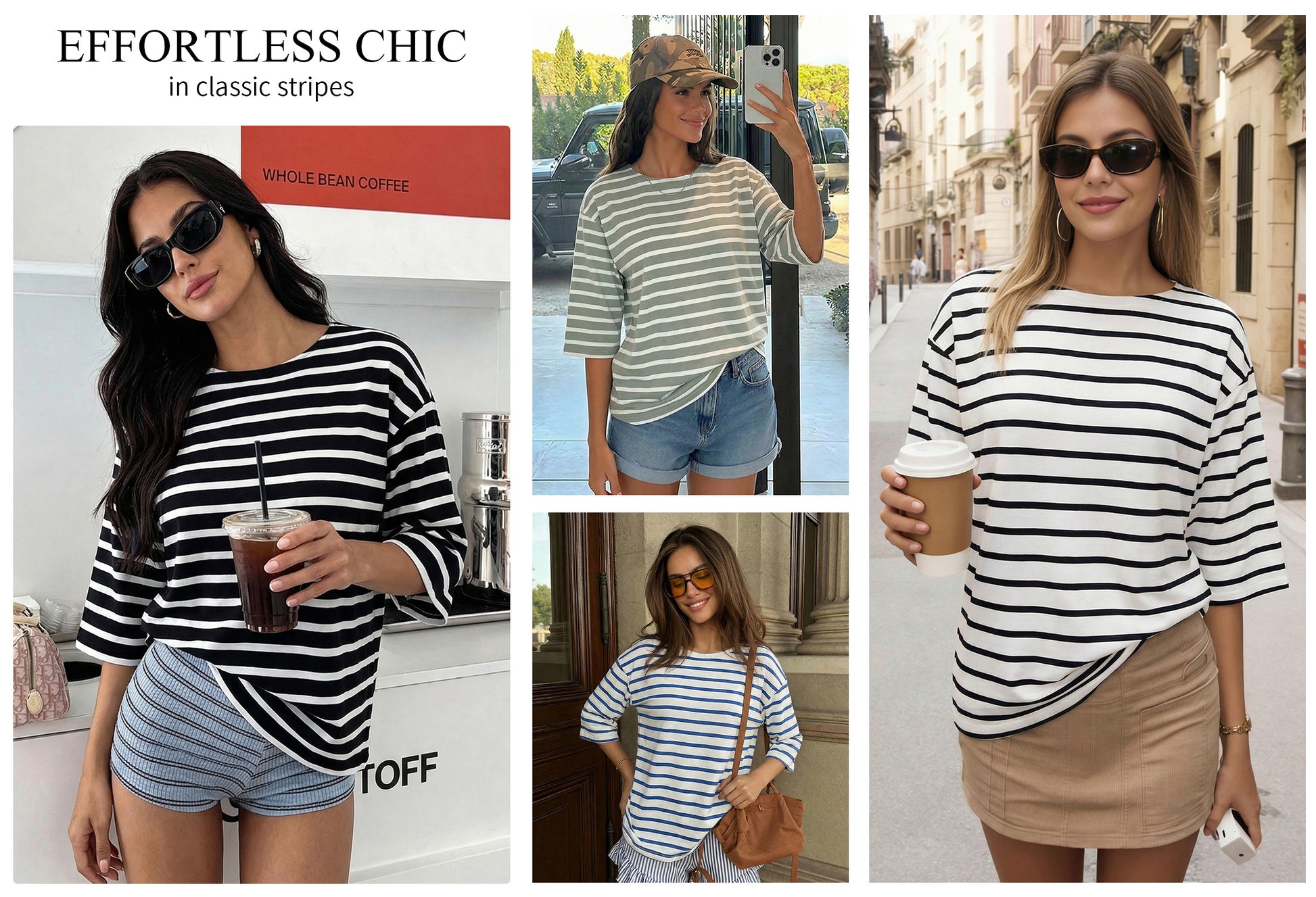 MOYIKO Striped T Shirts for Women 3/4 Length Sleeve Crewneck Casual Loose Fit Tees Summer Tops