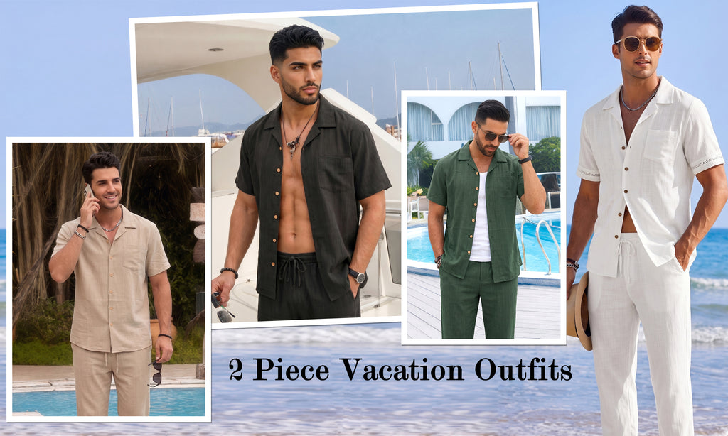 RICHCOIN Men 2 Piece Linen Outfit Beach Button Down Shirt Casual Loose Pant Sets