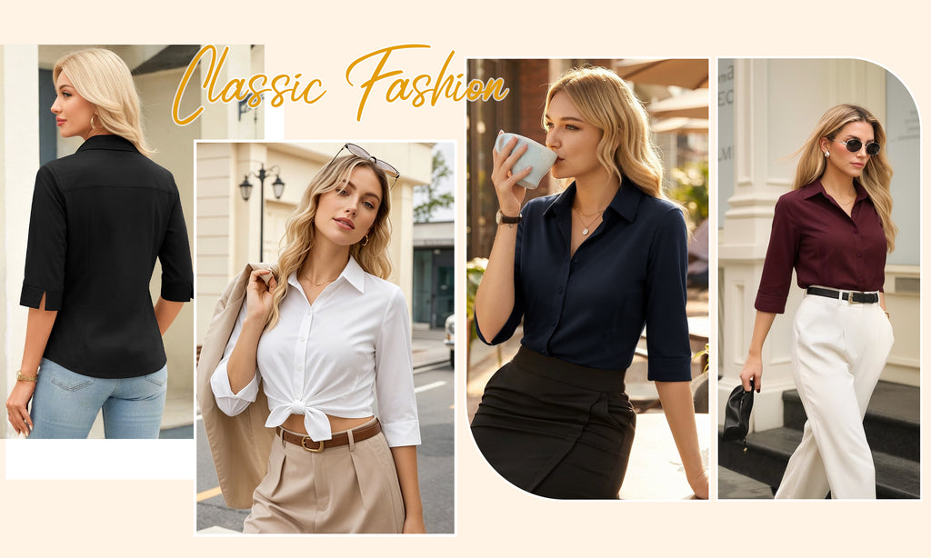 MOYIKO Womens Button Down Shirts 3/4 Sleeve Basic Business Dress Shirts Collared Work Office Fitted Blouses Tops