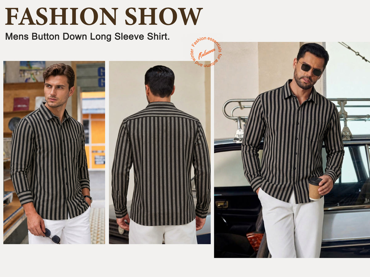RICHCOIN Mens Striped Collared Button-Down Dress Shirts Long Sleeve Casual Business Office Shirt Tops