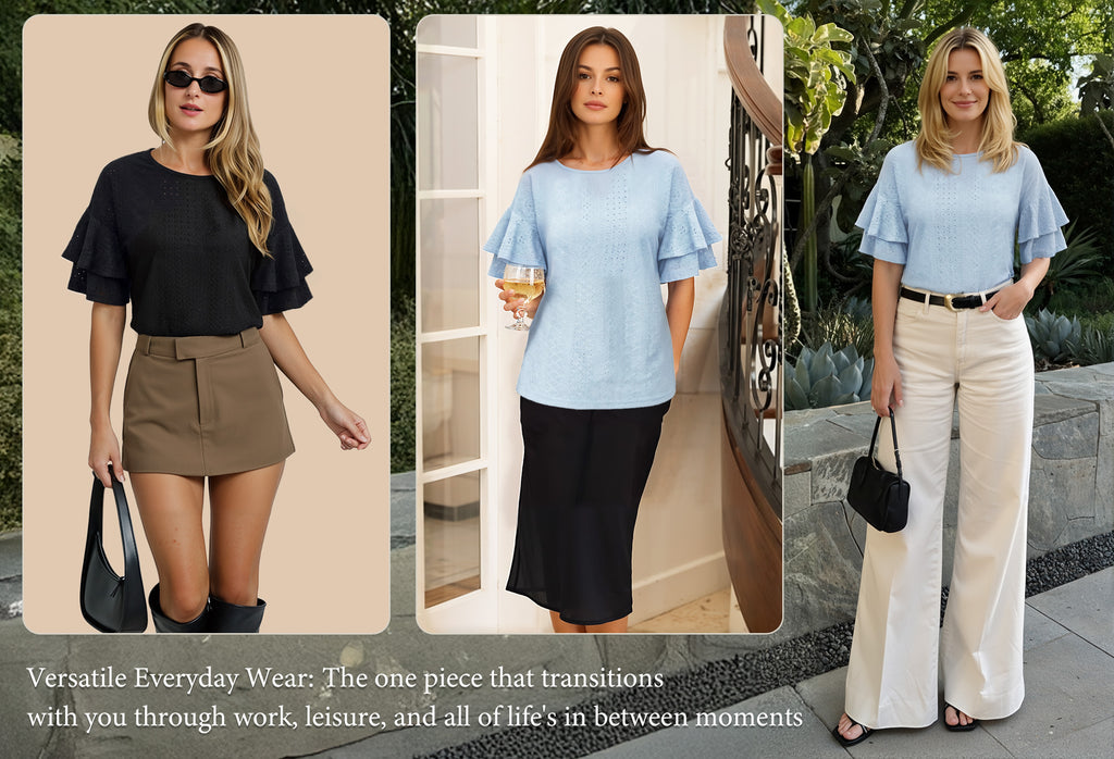 MOYIKO Women Casual Ruffle Half Sleeve Summer tops Crewneck Eyelet Shirts Flowy Dressy Tunic Blouses