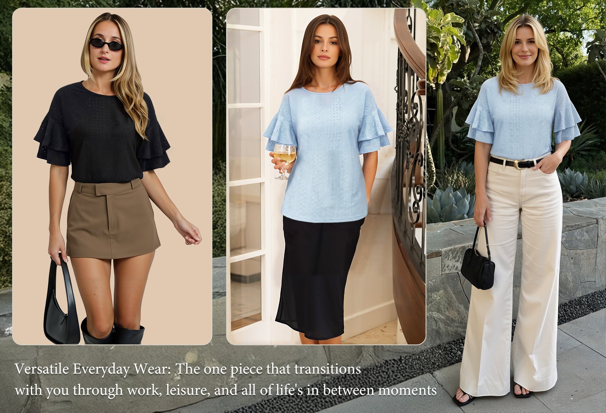 MOYIKO Women Casual Ruffle Half Sleeve Summer tops Crewneck Eyelet Shirts Flowy Dressy Tunic Blouses