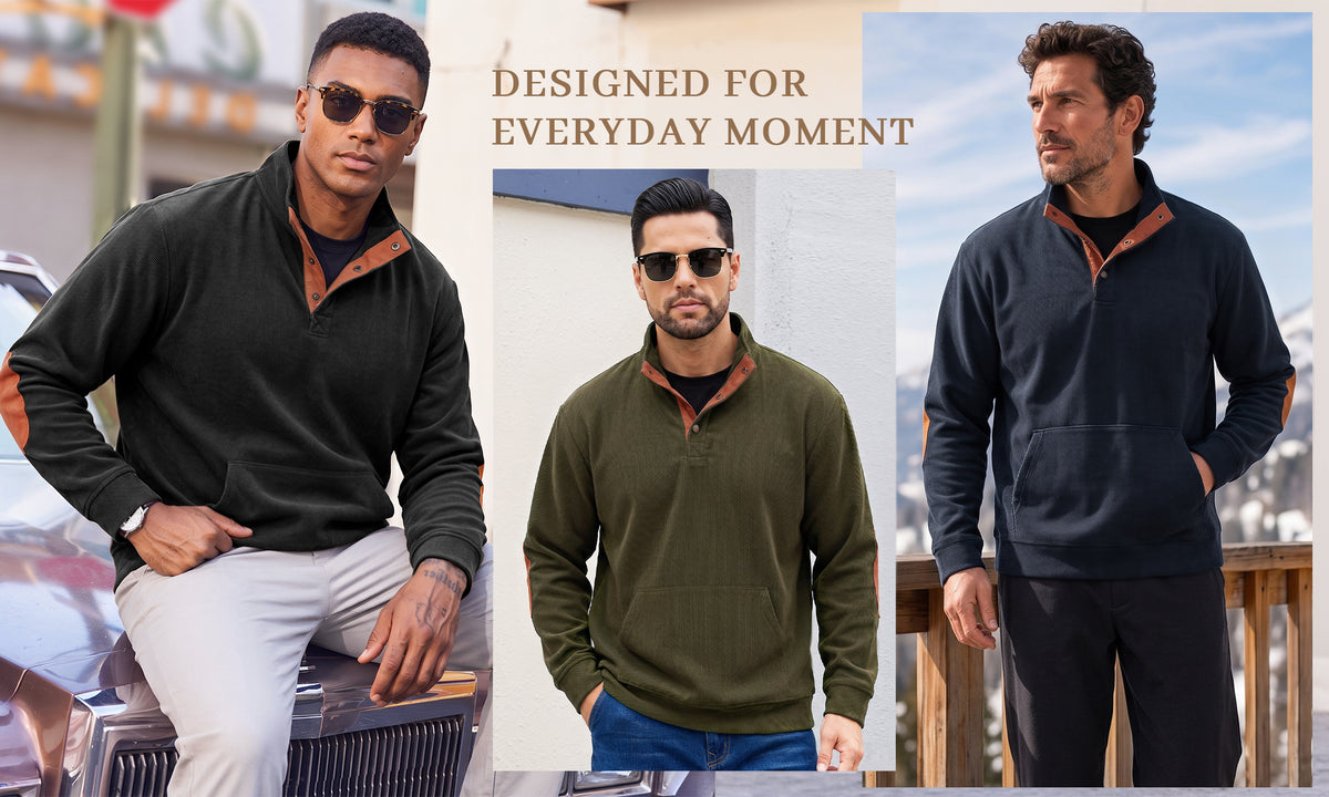 RICHCOIN Mens Corduroy Sweatshirt Long Sleeve Henley Pullover with Elbow Patch Kangaroo Pocket for Fall Winter Casual Wear
