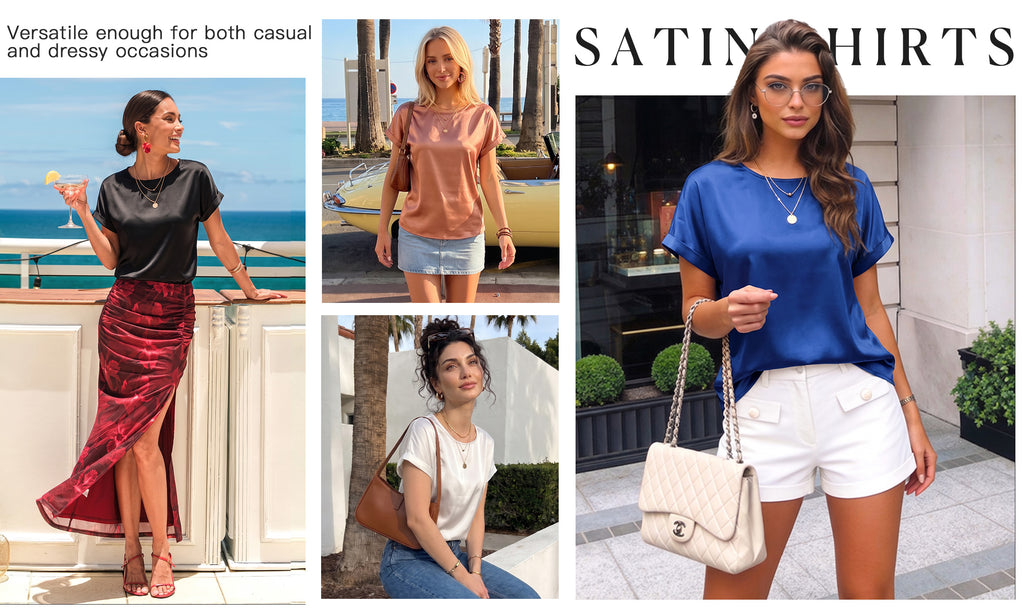 MOYIKO Satin Blouse for Women Short Sleeve Crewneck Silk Shirt Business Casual Outfit Summer Dressy Clothes