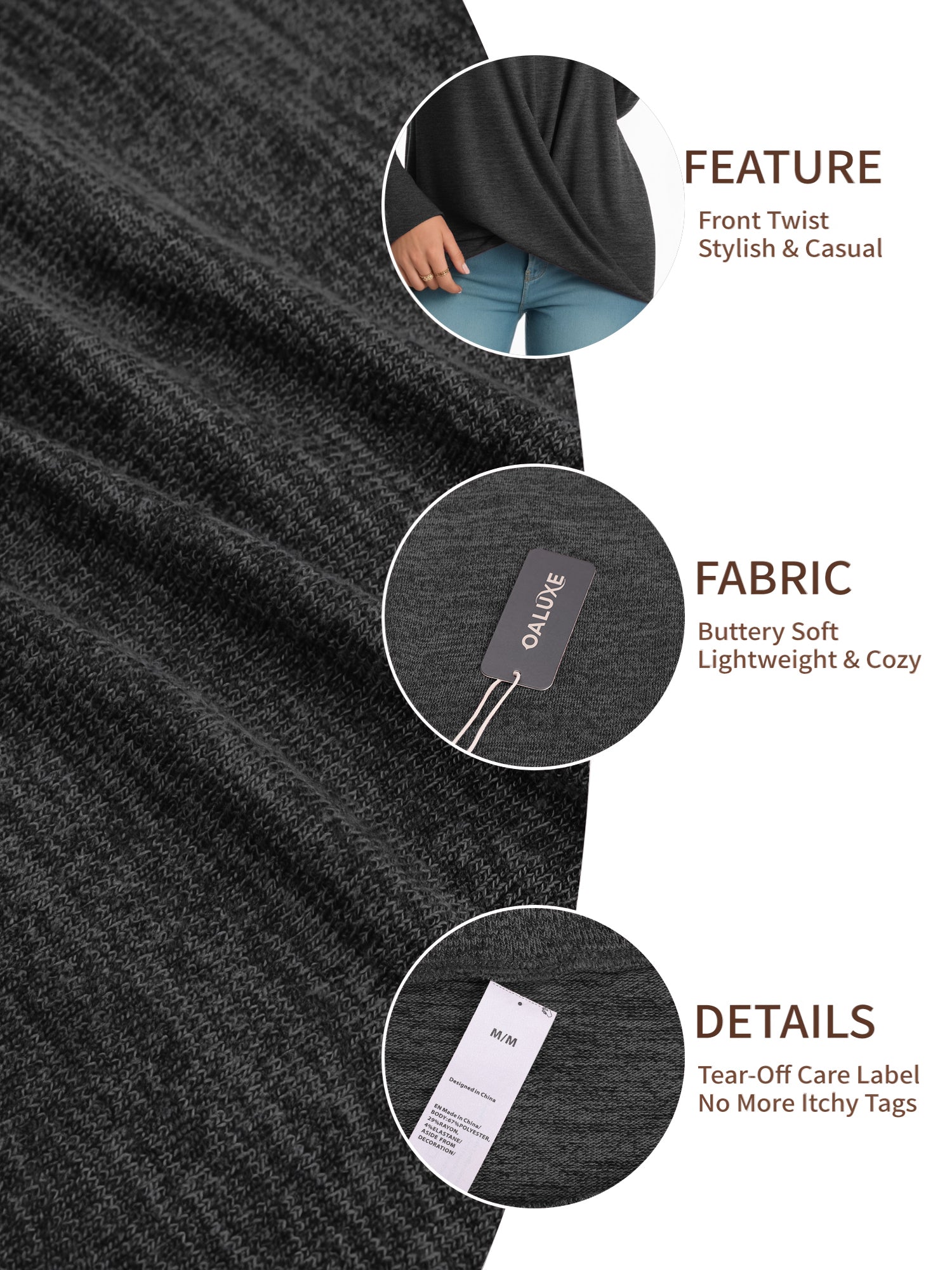 OALUXE Long Sleeve Shirts for Women Dressy Casual Tunic Tops Crewneck Front Twist Blouses