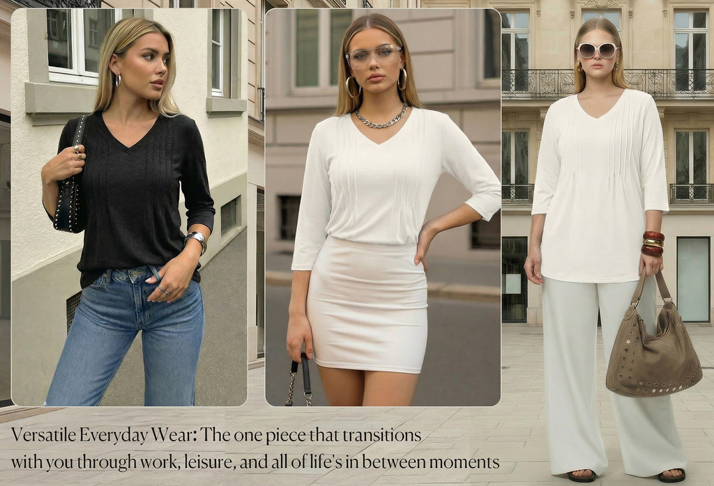 MOYIKO 3/4 Length Sleeve Womens Tops V Neck Pleated Blouses Dressy Casual Tunic Spring Summer Shirts