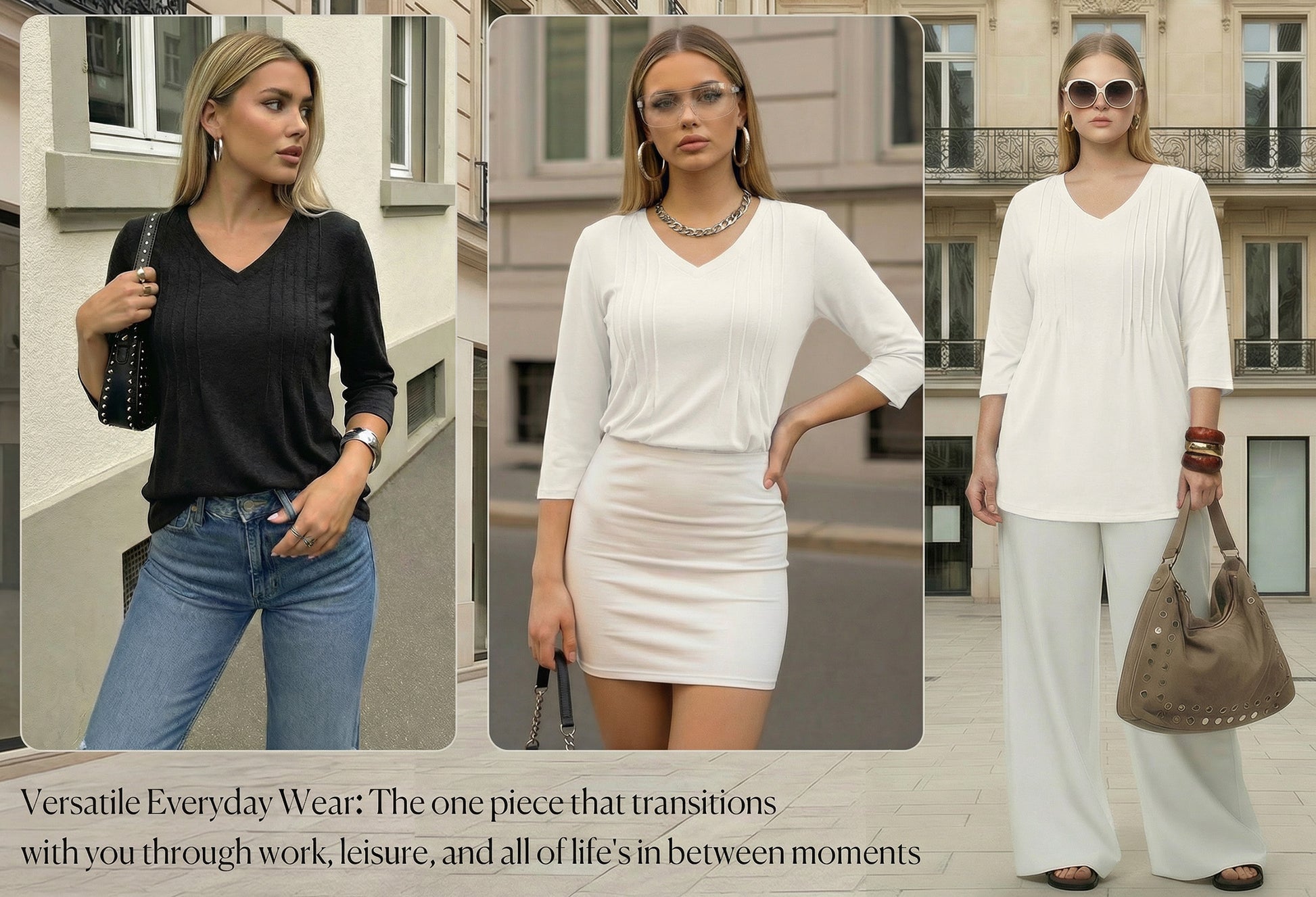 MOYIKO 3/4 Length Sleeve Womens Tops V Neck Pleated Blouses Dressy Casual Tunic Spring Summer Shirts