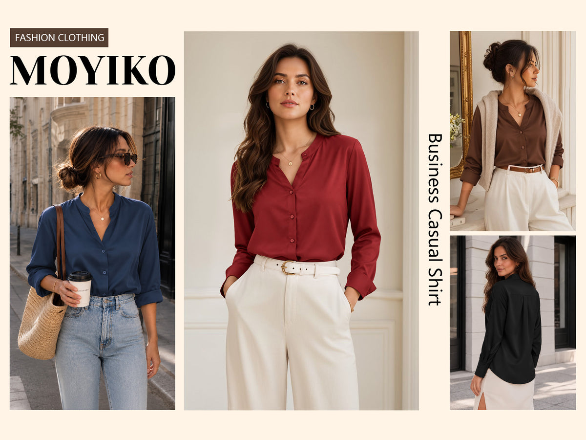 MOYIKO Womens Satin Button Down Shirts Long Sleeve Notched V Neck Dressy Business Office Fall Wear Tops