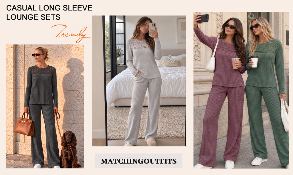 MOYIKO Two Piece Lounge Sets for Women Casual Lace Pajamas Set Wide Leg Pants Winter Matching 2 Piece Outfits Trendy Clothes