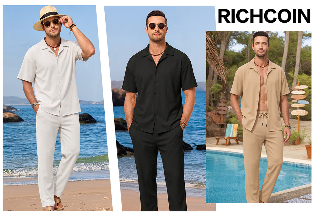 RICHCOIN Men's 2 Piece Beige Summer Beach Button Down Shirt & Pant Outfit Set