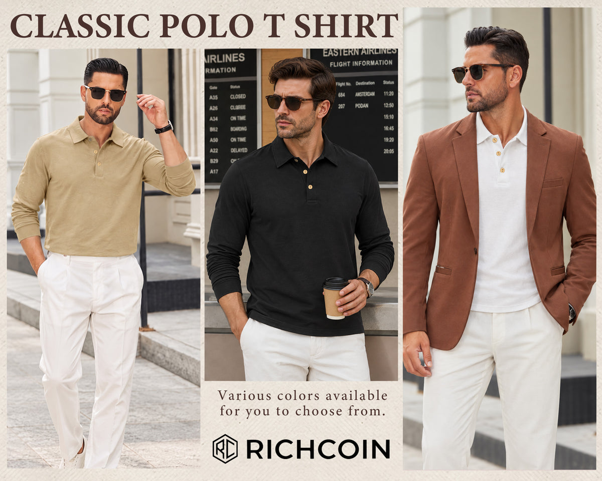 RICHCOIN Men's Polo Shirts Long Sleeve Basic Casual Cotton Pullover Tops