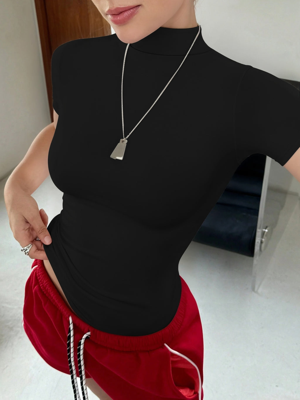 MOYIKO T Shirts for Women Mock Neck Short Sleeve Tops Dressy Casual Slim Fit Mock Turtleneck Tee