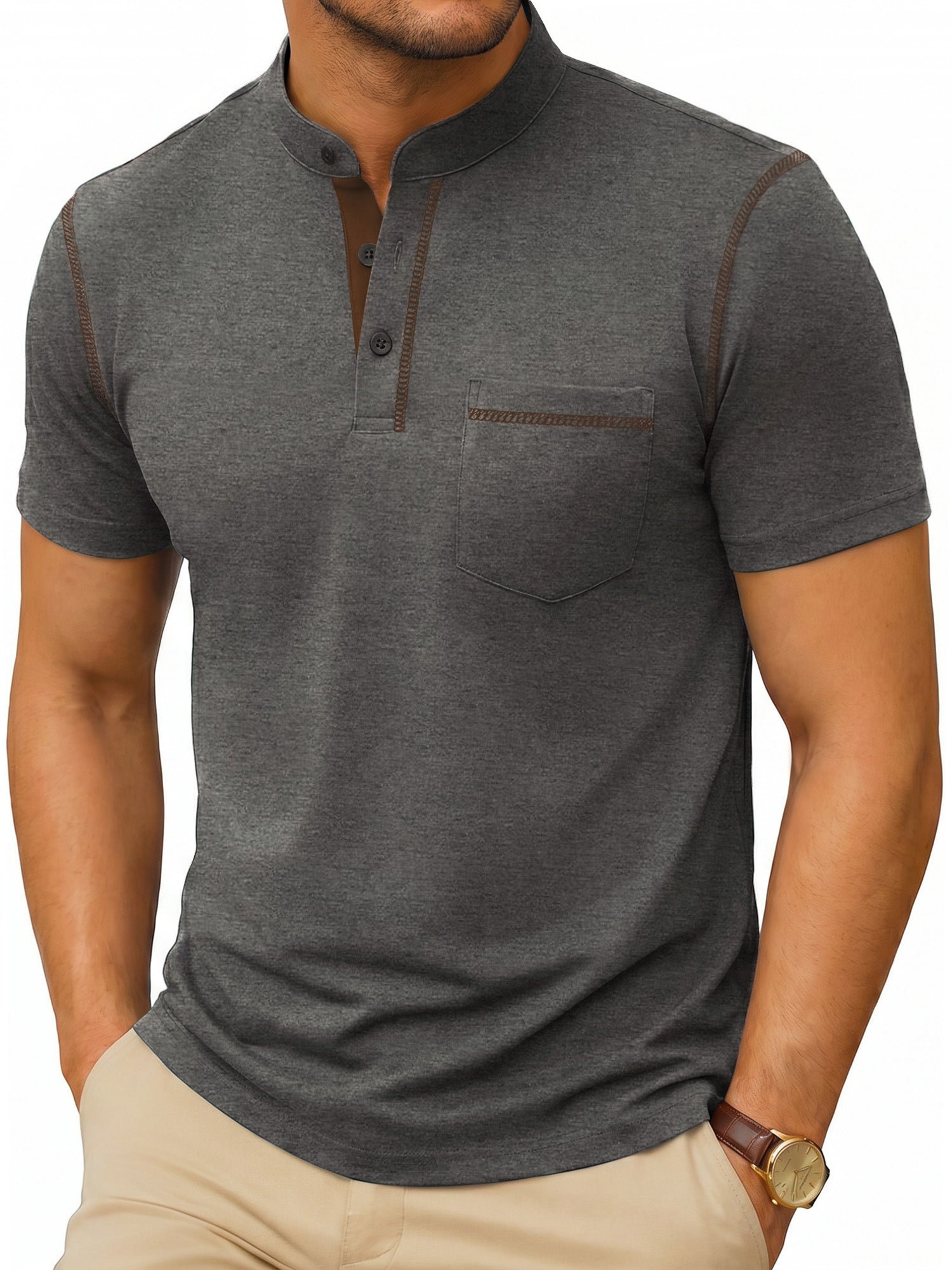 RICHCOIN Henley Men Shirts Short Sleeve T Shirts for Men Summer Tops Classic Pocket Button Casual Color Block Blue Tees