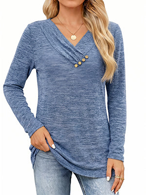 MOYIKO V Neck Blouses for Women Button Long Sleeve Tunic Dressy Casual Work Shirts Trendy Fall Winter Tops