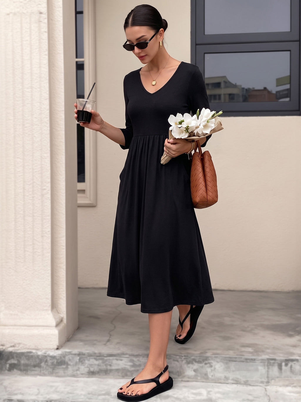 MOYIKO Dresses for Women Summer Casual Dress Floral Print 3/4 Sleeve Midi Beach Dresses