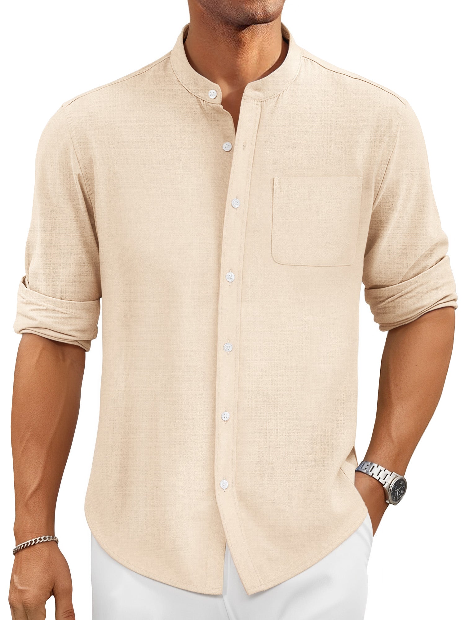 OALUXE Men's Linen Shirts Long Sleeve Button Down Shirt Band Collar Casual Summer Beach Shirts