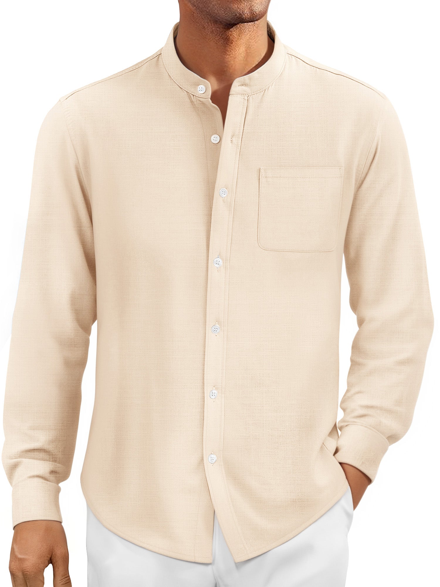 OALUXE Men's Linen Shirts Long Sleeve Button Down Shirt Band Collar Casual Summer Beach Shirts