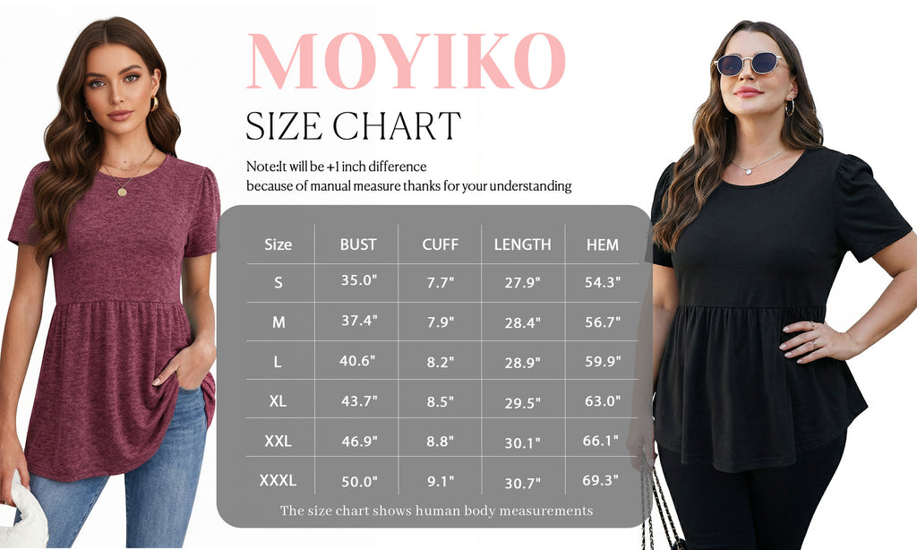 MOYIKO Womens T Shirts Short Sleeve Summer Tops Babydoll Puff Peplum Round Neck Tunic Dressy Casual