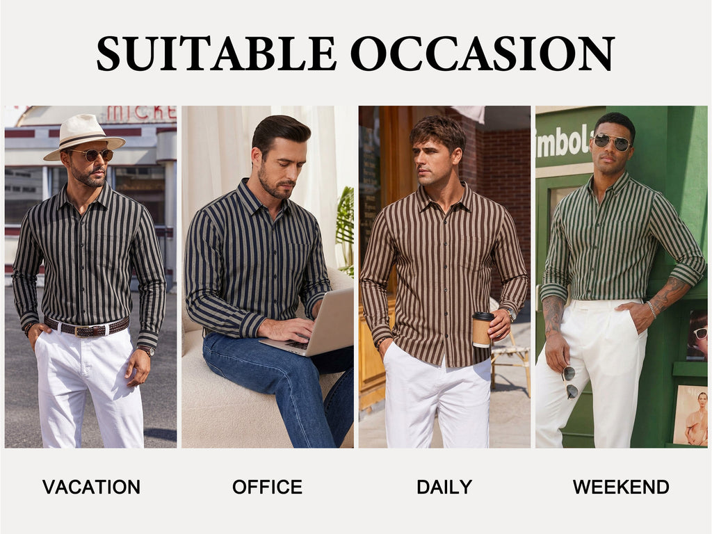 RICHCOIN Mens Striped Collared Button-Down Dress Shirts Long Sleeve Casual Business Office Shirt Tops