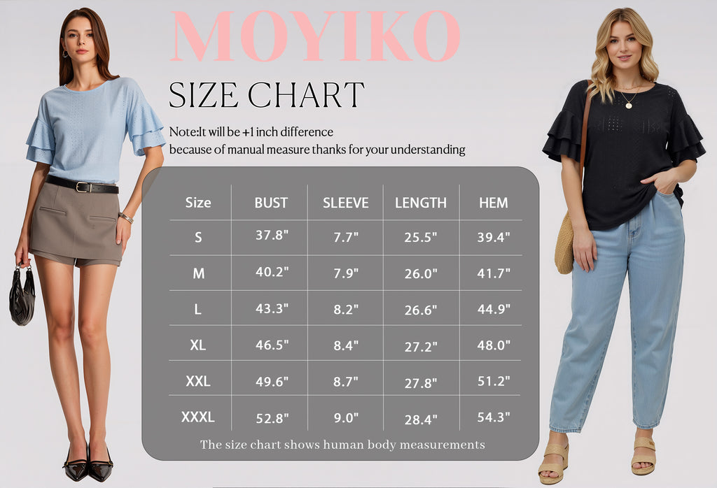 MOYIKO Women Casual Ruffle Half Sleeve Summer tops Crewneck Eyelet Shirts Flowy Dressy Tunic Blouses