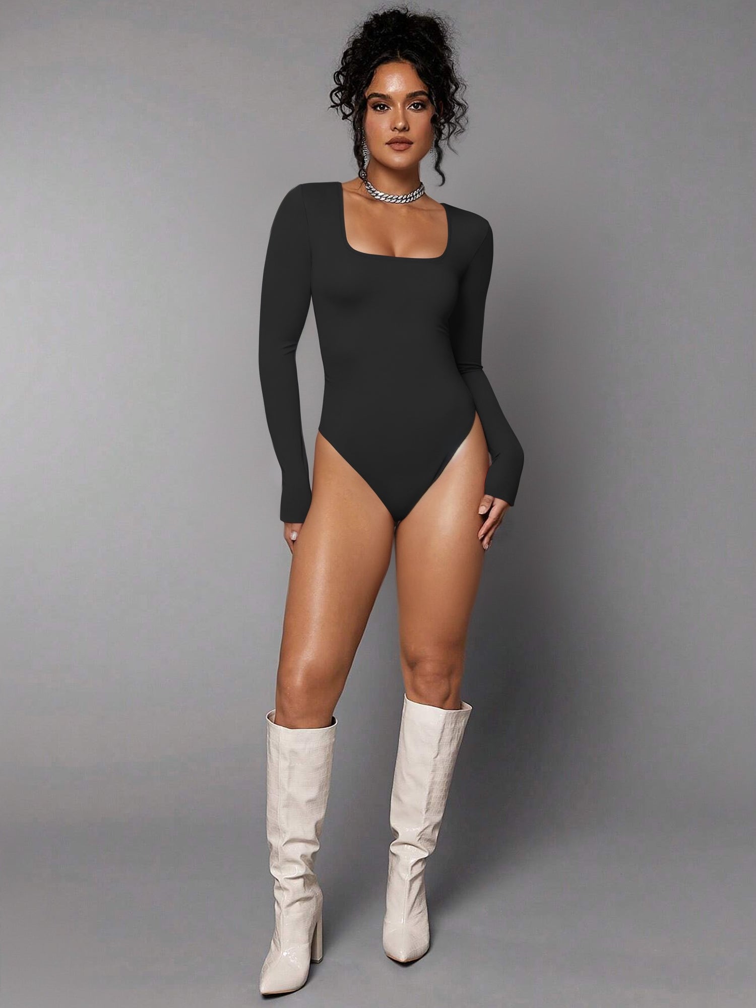 MOYIKO Square Neck Tops for Women Long Sleeve Body Suits Womens Fitted Tight Tops
