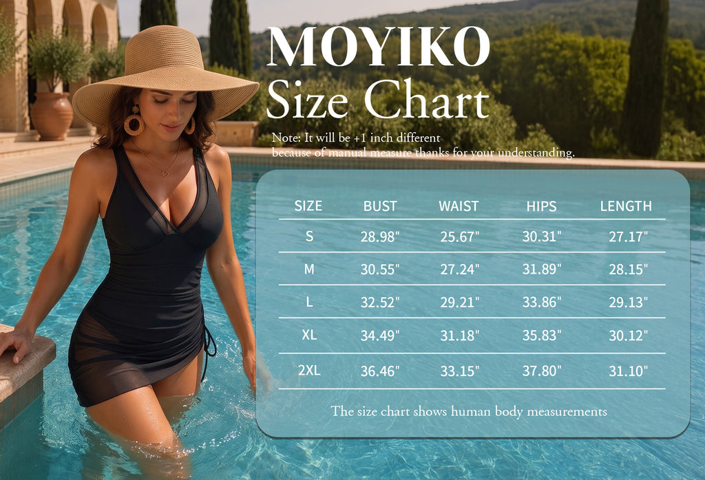 MOYIKO Women One Piece Swimsuit Tummy Control Bathing Suit Mesh Sheer Sarong Wraps Swim Dress Black Monikini Swimwear