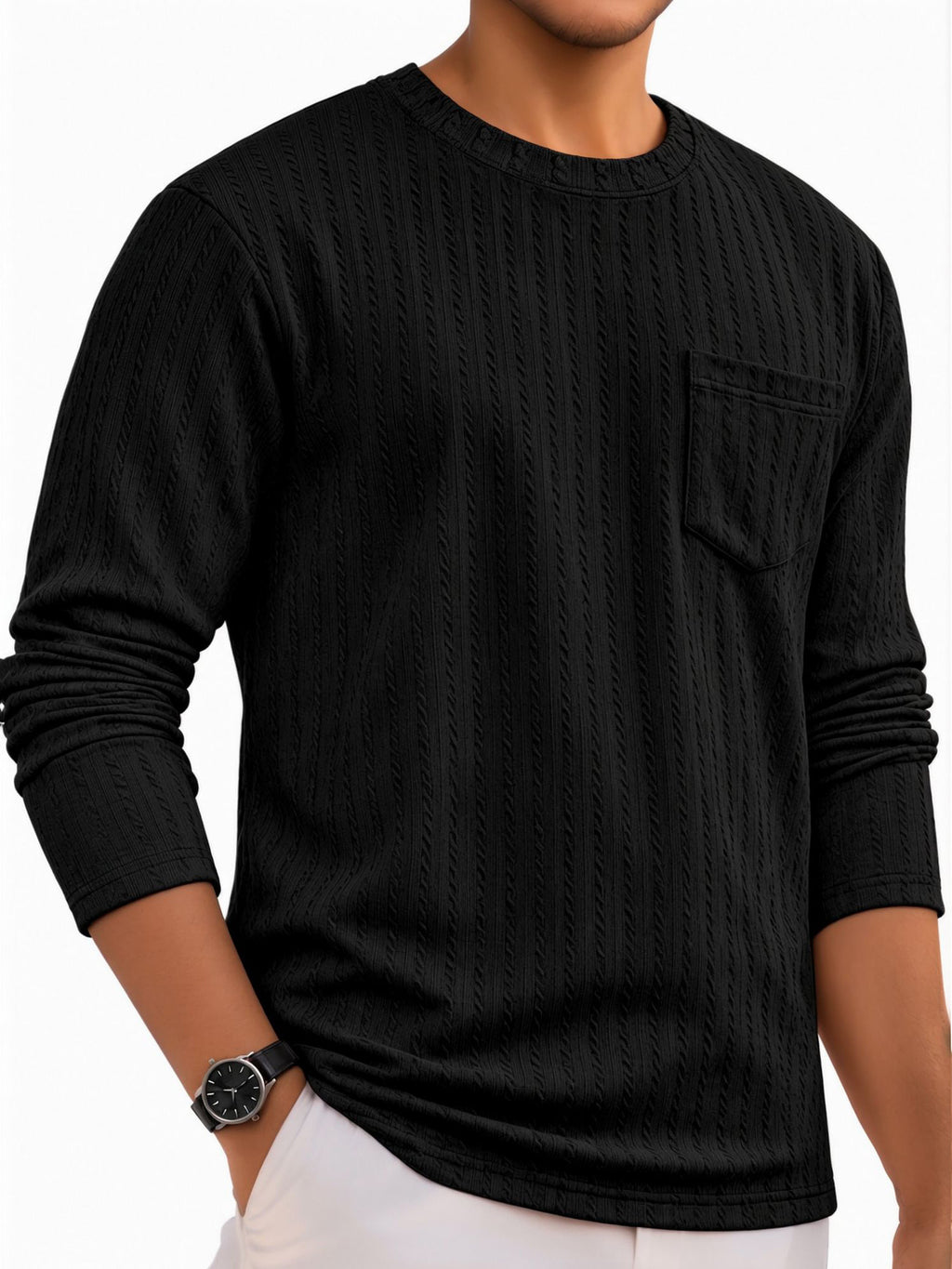 RICHCOIN Men's Crewneck T-Shirts Long Sleeve Shirts for Men Ribbed Knit Textured Solid Casual Pocket Basic Tee Tops