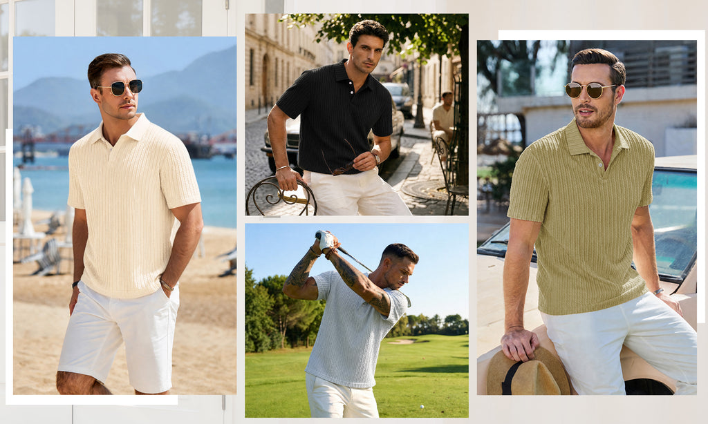 RICHCOIN Mens Casual Polo Shirt Summer Short Sleeve Vacation Button Beach Knit Stretchy Golf Shirts