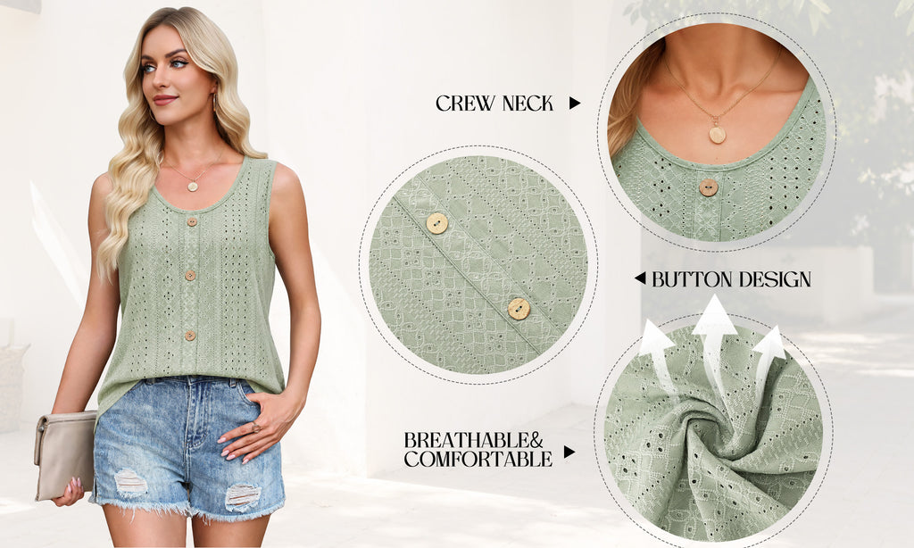 MOYIKO Tank Tops for Women Eyelet Crew Neck Sleeveless Tops Dressy Casual Trendy Flowy Summer Shirts Loose Fit