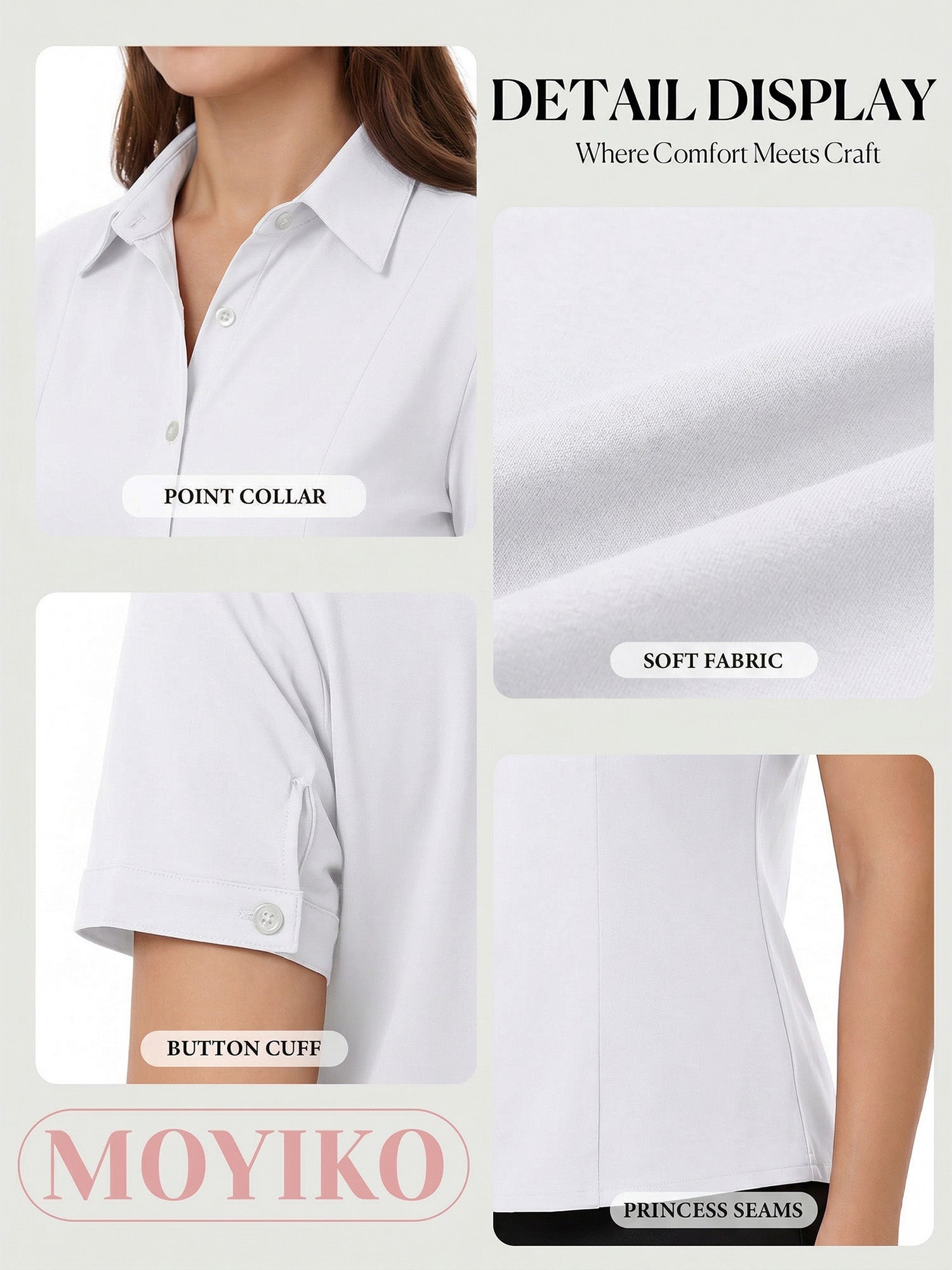 MOYIKO Womens Button Down Shirts Stretch Short Sleeve Dress Shirts Business Work Fitted Collared Office Basic Blouse