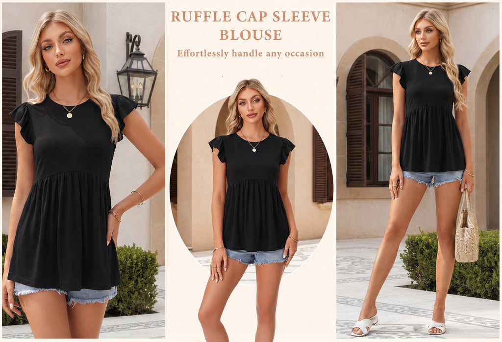 MOYIKO Womens Tank Tops Crew Neck Short Sleeve Summer Shirts Babydoll Peplum Tops Dressy Casual Blouses