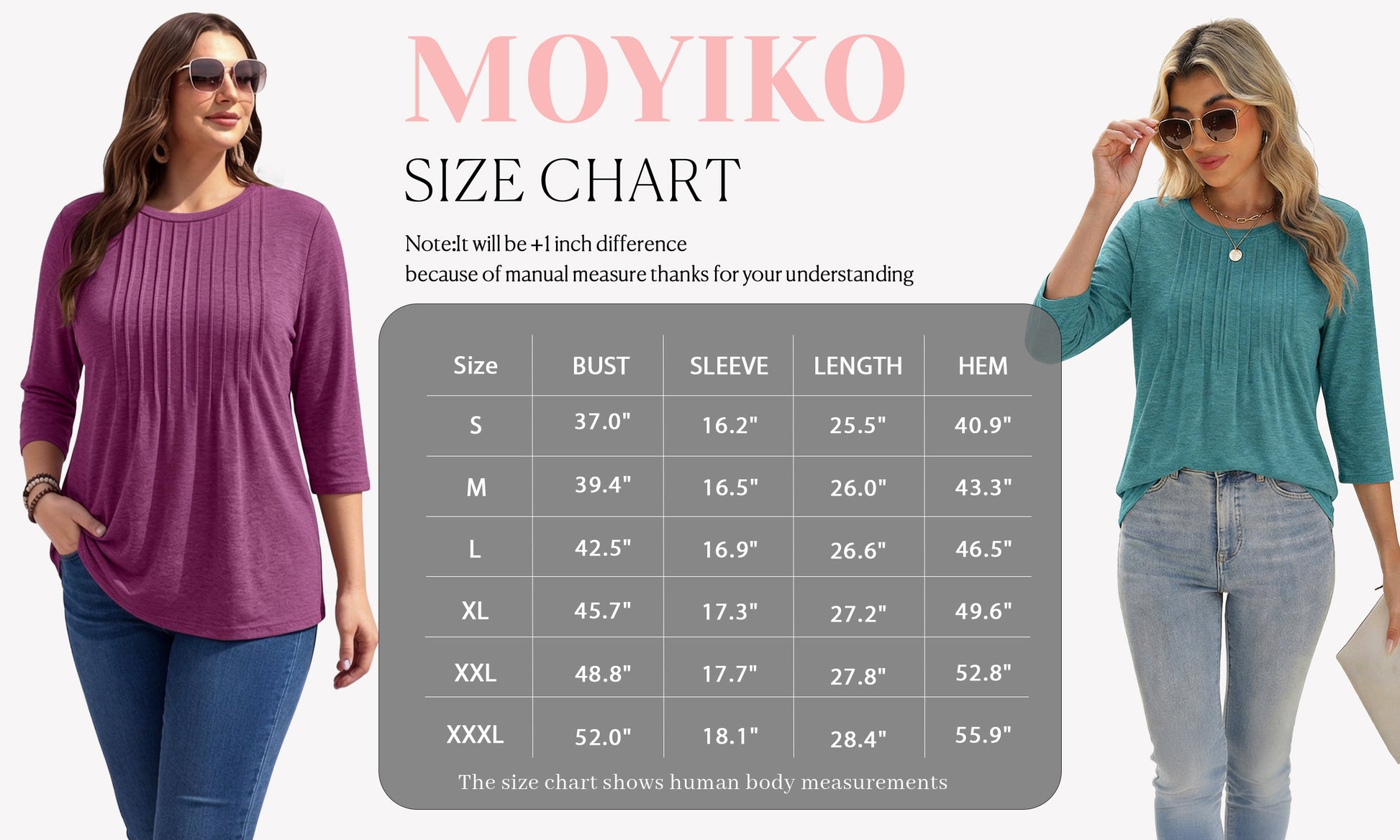 MOYIKO 3/4 Length Sleeve Womens Tops Round Neck T Shirts Pleated Tunic Summer Blouses Dressy Casual