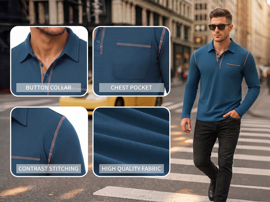 RICHCOIN Polo Shirts for Men Long Sleeve Golf Shirts Casual Button Knit Collared T Shirt Tops