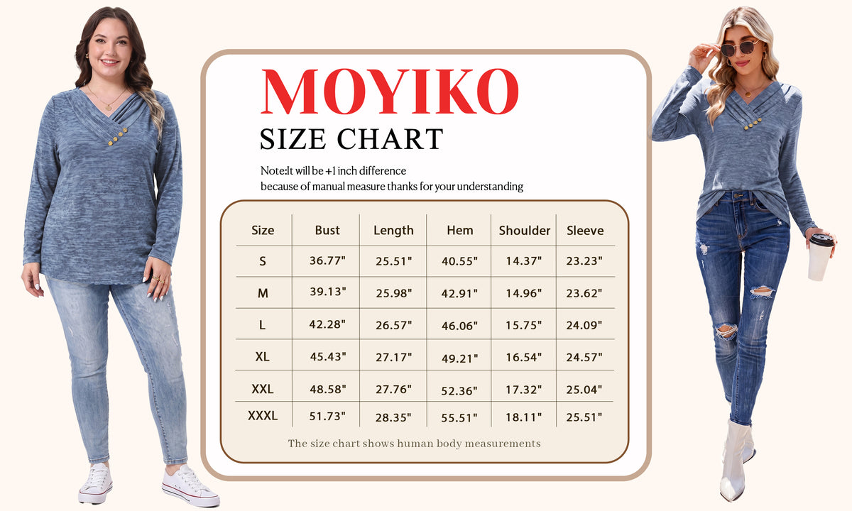 MOYIKO V Neck Blouses for Women Button Long Sleeve Tunic Dressy Casual Work Shirts Trendy Fall Winter Tops