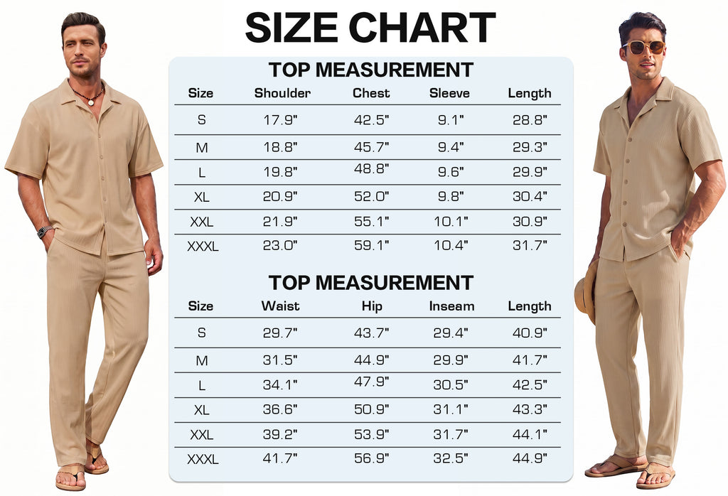 RICHCOIN Men's 2 Piece Beige Summer Beach Button Down Shirt & Pant Outfit Set