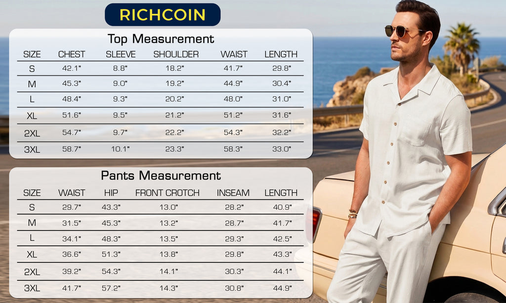 RICHCOIN Men 2 Piece Linen Outfit Beach Button Down Shirt Casual Loose Pant Sets